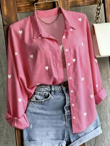 Pink heart print long sleeve shirt detail, casual lapel button down top for women.