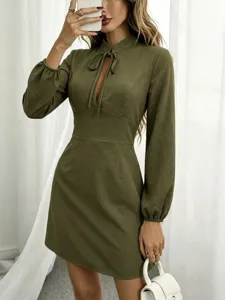 Green Long Sleeve Mandarin Collar Mini Dress Retro Tie Front A Line Vacation Dress