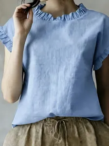 Women's Casual Short Sleeve Ruffle Neck Blouse Solid Color Loose Commuting Polyester Top