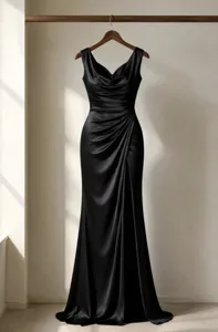 Detailed view of elegant black satin evening dress, cowl neck and side slit design.