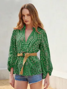 Fashion Women Green V-Neck Hollow Out Embroidery Lantern Long Sleeve Ruffle Blouse Top