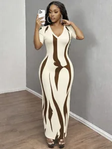 Sexy V-neck short sleeve maxi dress with abstract print, slim fit bodycon long dress for women.
