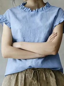 Lightweight breathable blue short sleeve top with elegant ruffled collar for daily casual wear.