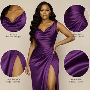 Satin evening dress detail featuring V-neck ruched design, gathered waist, and high slit.