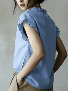Blue sleeveless ruffle blouse for women, casual breathable summer top for daily work commuting.