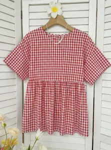Red and white gingham short sleeve top, casual loose A-line blouse for daily wear.