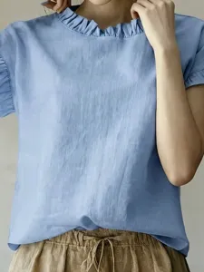 Light blue ruffle short sleeve blouse casual loose daily commuting stylish top for women