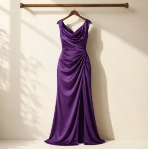 Elegant purple satin evening dress with cowl neck and front slit for formal events.