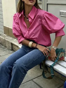 French style casual pink puff sleeve shirt detail view, chic lapel top for daily wear.