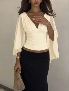 Französischer Stil tiefes V-Ausschnitt Flatterärmel einfarbig slim Crop Bluse Top