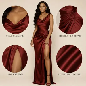 Elegant satin evening dress featuring cowl neckline, side ruched detail and high slit.