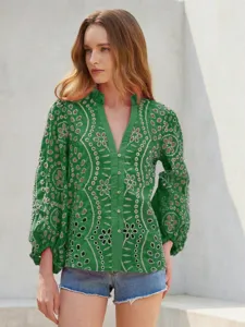 Green V-neck embroidered blouse detail, chic eyelet cut-outs, frill collar, balloon sleeves.