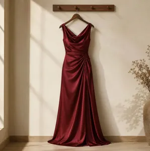 Elegantly crafted solid color satin evening dress with a chic slit hem and flattering slim fit style.