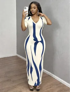 European and American abstract flame print V-neck short sleeve bodycon maxi dress for women.
