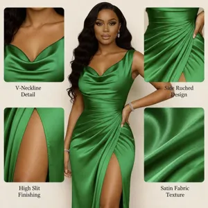 Detailed view of women's satin evening dress, highlighting V-neck, high slit and ruched design.
