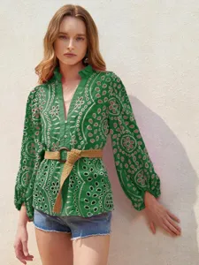 Green V-neck lantern sleeve embroidered blouse with ruffle stand collar and chic belt for women.