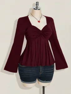 Women's Casual Striped V-Neck Long Sleeve Blouse Fashion Slim Fit Pullover Flare Sleeve Regular Top
