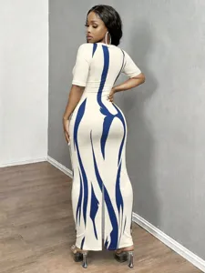 Detail view of the abstract blue printed bodycon maxi dress, short sleeve slim fit style.