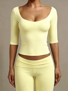 Femmes uni col-u demi manche crop top et pantalon slim y2k sexy tenue jaune