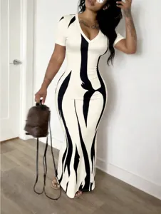 Bodycon maxi dress with abstract print, V-neck short sleeve slim fit long dress for women.