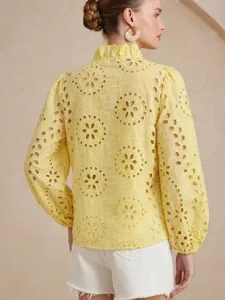 Chic women yellow floral eyelet embroidery blouse long lantern sleeve ruffle top stylish