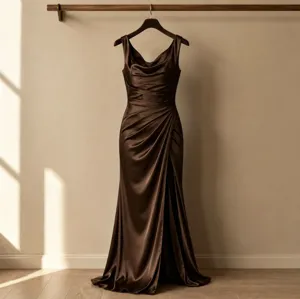 Exquisite detail of the dark brown satin evening dress with elegant side slit and sleek design.