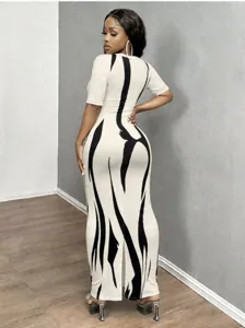Abstract print short sleeve bodycon maxi dress, stylish slim fit chic streetwear women apparel