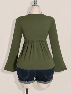 Olive green long sleeve peplum blouse back view detail, stylish casual top garment.