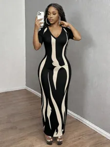 Abstract flame print V-neck short sleeve bodycon long dress, slim fit sexy maxi dress.