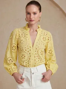 Women V Neck Lantern Long Sleeve Blouse Floral Print Ruffle Stand Collar Hollow Out Casual Top For Office Lady Elegant Shirt