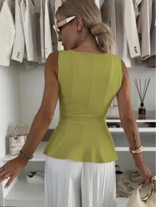 Women French style sleeveless green peplum top and white pleated pants set chic casual wear.