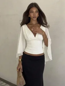 Französischer V-Ausschnitt Flatterärmel einfarbige Bluse tailliertes kurzes sexy Top
