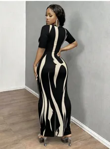 Sexy abstract flame print V-neck short sleeve bodycon maxi dress for women wear.