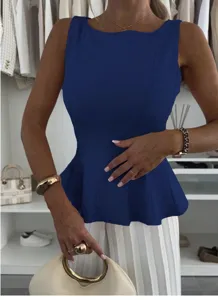 Elegant French sleeveless top for women, chic slim-fit crewneck peplum design for daily wear.