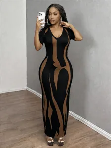 Elegant black short sleeve bodycon midi dress featuring a stylish brown abstract flame print.