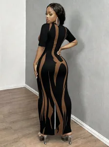 Women bodycon maxi dress abstract flame print short sleeve V-neck sexy long dresses