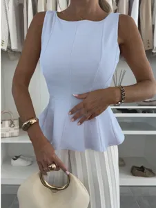 French style sleeveless peplum top, elegant round neck slim fit casual office blouse for women.