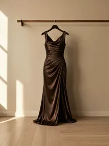 Dark brown satin evening dress, sleeveless cowl neck formal gown with side slit elegance.