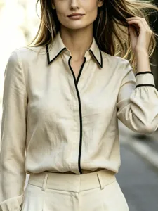 Damen Französisch Kontrast Einfassung Bluse Revers Langarm Laternenarm Minimalistisch Pendeln Polyester Hemd