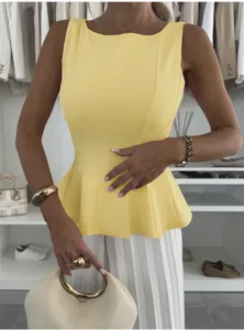 Elegant French style sleeveless yellow peplum top for women, chic slim fit blouse daily wear.
