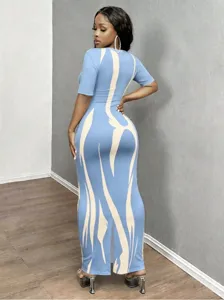 Abstract flame print V-neck short sleeve bodycon maxi dress slim fit long dress for women