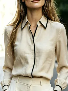 Französischer Stil Kontrast Paspelierung Damen Hemd Revers Langarm elegante Bluse
