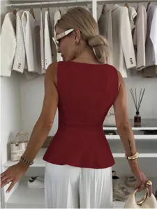 Chic red sleeveless peplum top for women, elegant slim fit round neck daily commute apparel.