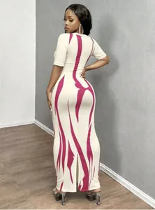 Abstract flame print short sleeve bodycon maxi dress for women, slim fit stylish long dress.