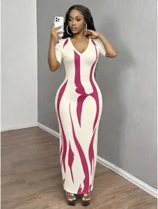 Women abstract print v neck short sleeve bodycon maxi dress chic slim fit long dress