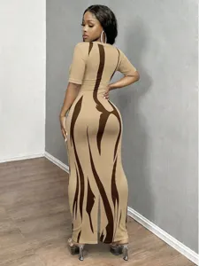 Abstract flame print short sleeve bodycon maxi dress, sexy slim fit long dress for women.