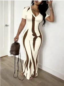 Sexy bodycon maxi dress featuring an abstract flame print, V-neck, and short sleeves for women.