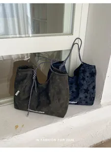 Casual canvas star print tote bag with drawstring shoulder straps, large capacity daily use.