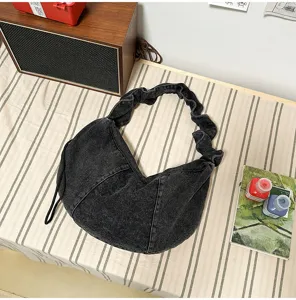 Casual denim hobo shoulder bag for women, large capacity retro dumpling bag, stylish commuter handbag.