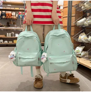 Vue détaillée d'un sac à dos mignon vert menthe style japonais avec étoiles et pendentif ours.
